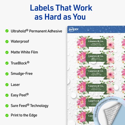 Avery Waterproof Rectangle Laser Multipurpose Labels, 1 x 3, White, 1600/Box (19479399255)
