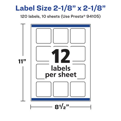 Avery Laser/Inkjet Square Multipurpose Labels, 2.125"  x 2.125", Glossy White, 120/Pack (94105)