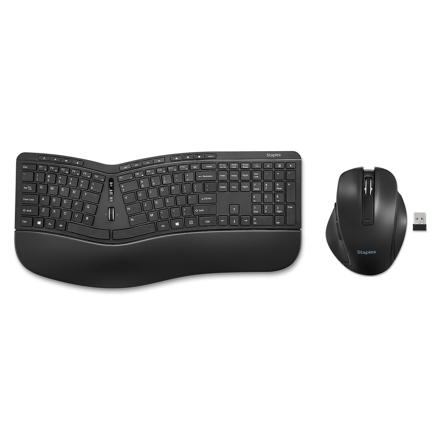 Staples TECH Wireless Ergonomic Keyboard and Curved Optical Mouse Combo, Black