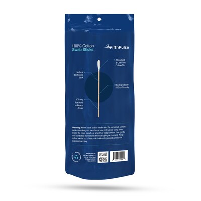FifthPulse 100% Natural Eco-friendly 6" Cotton Swabs Sticks Made With Birch Wood - Non Sterile Cotton Tip, 50 Pack (FMN100681)