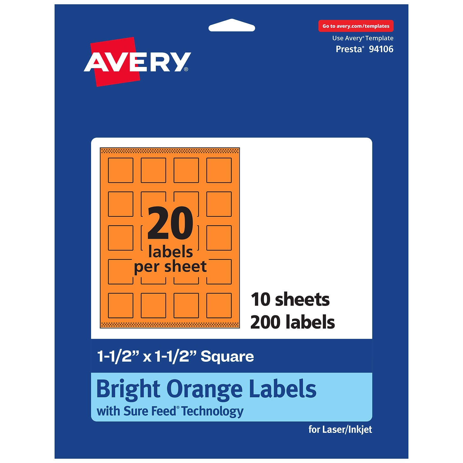 Avery Laser/Inkjet Multipurpose Square Labels, 1.5 x 1.5, Bright Orange, 200/Pack (94106)