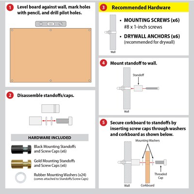 Excello Brands Cork Bulletin Board, Black and Gold Wall Posts, 18" x 24" (CRKBRD-1824-BG)