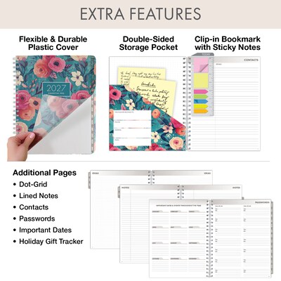 2027 Excello Brands 9.3" x 11" Weekly & Monthly Standard Planner, Plastic Cover, Teal Floral (ESPRO-CY27-8511-17)