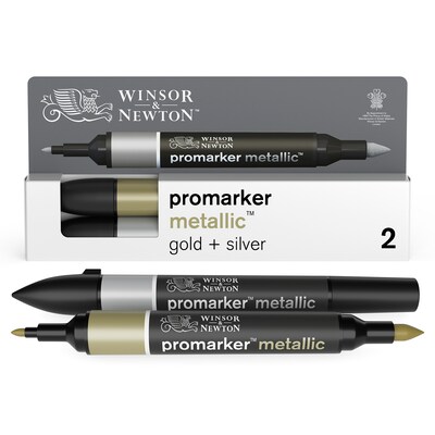 Winsor & Newton Promarker Dual-Tip Alcohol Based Marker, Metallic Gold + Silver, 2/Pack (WNX0290150)