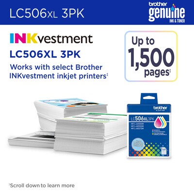 Brother LC506XL Cyan/Magenta/Yellow High Yield Ink Cartridge (LC506XL3PKS)
