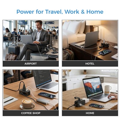 Uncaged Ergonomics Travel Power Strip with USB-C, 3 AC, 2 USB-C (20W), 1 USB-A, 3.4 ft Cord, Black