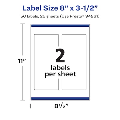 Avery Laser/Inkjet Rectangle Waterproof Multipurpose Labels, 3.5"  x 8", White, 50/Pack (94261)