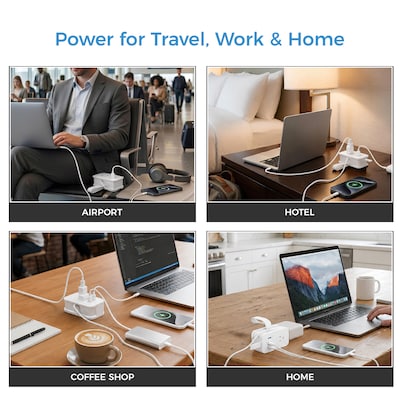 Uncaged Ergonomics Travel Power Strip with USB-C, 3 AC, 2 USB-C (20W), 1 USB-A, 3.4 ft Cord, White