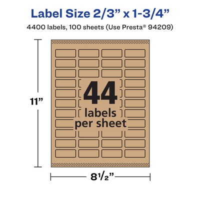 Avery Laser/Inkjet Rectangle Multipurpose Labels, 2/3" x 1-3/4", Kraft Brown, 4400 Labels/Box ( 94209)