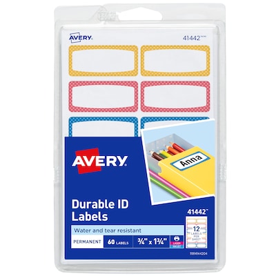 Avery Water-Resistant Laser/Inkjet ID Labels, 3/4 x 1-3/4, Assorted Border Colors, 12 Labels/Sheet