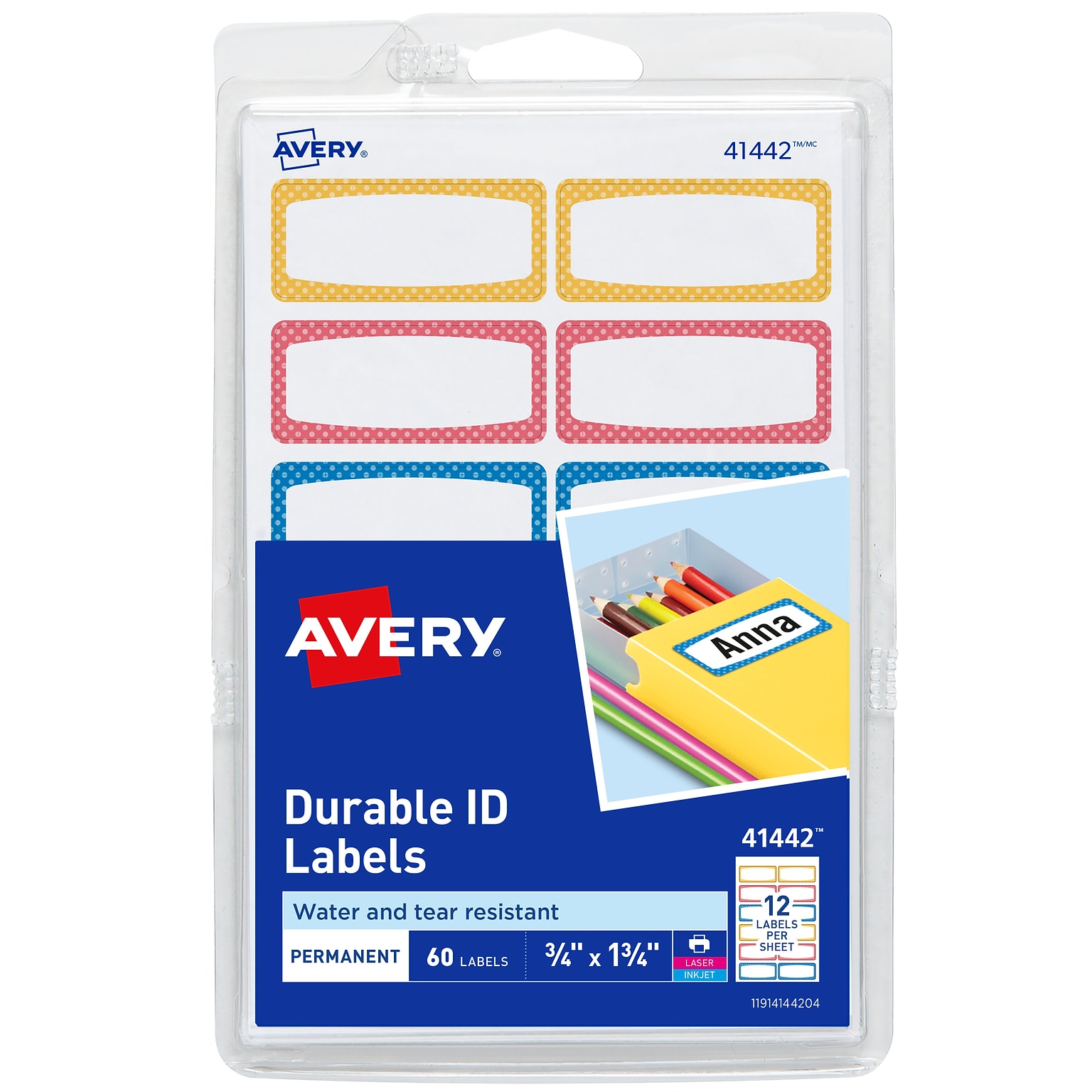 Avery Water-Resistant Laser/Inkjet ID Labels, 3/4 x 1-3/4, Assorted Border Colors, 12 Labels/Sheet, 60 Labels/Pack (41442)