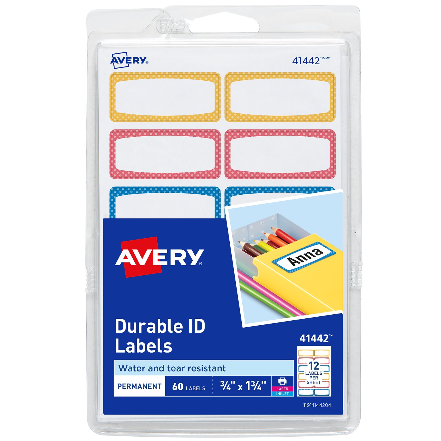 Avery Water-Resistant Laser/Inkjet ID Labels on 4 x 6 Sheets, 3/4 x 1-3/4, Assorted Border Colors, 60 Labels/Pack (41442)