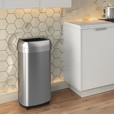 iTouchless 16 Gallon Oval Open Top Kitchen Trash Can with Wheels, Silver