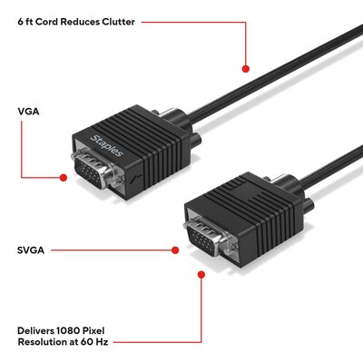Staples TECH 6 ft. SVGA to VGA Audio/Video Cable, Male to Male, Black (ST62470)