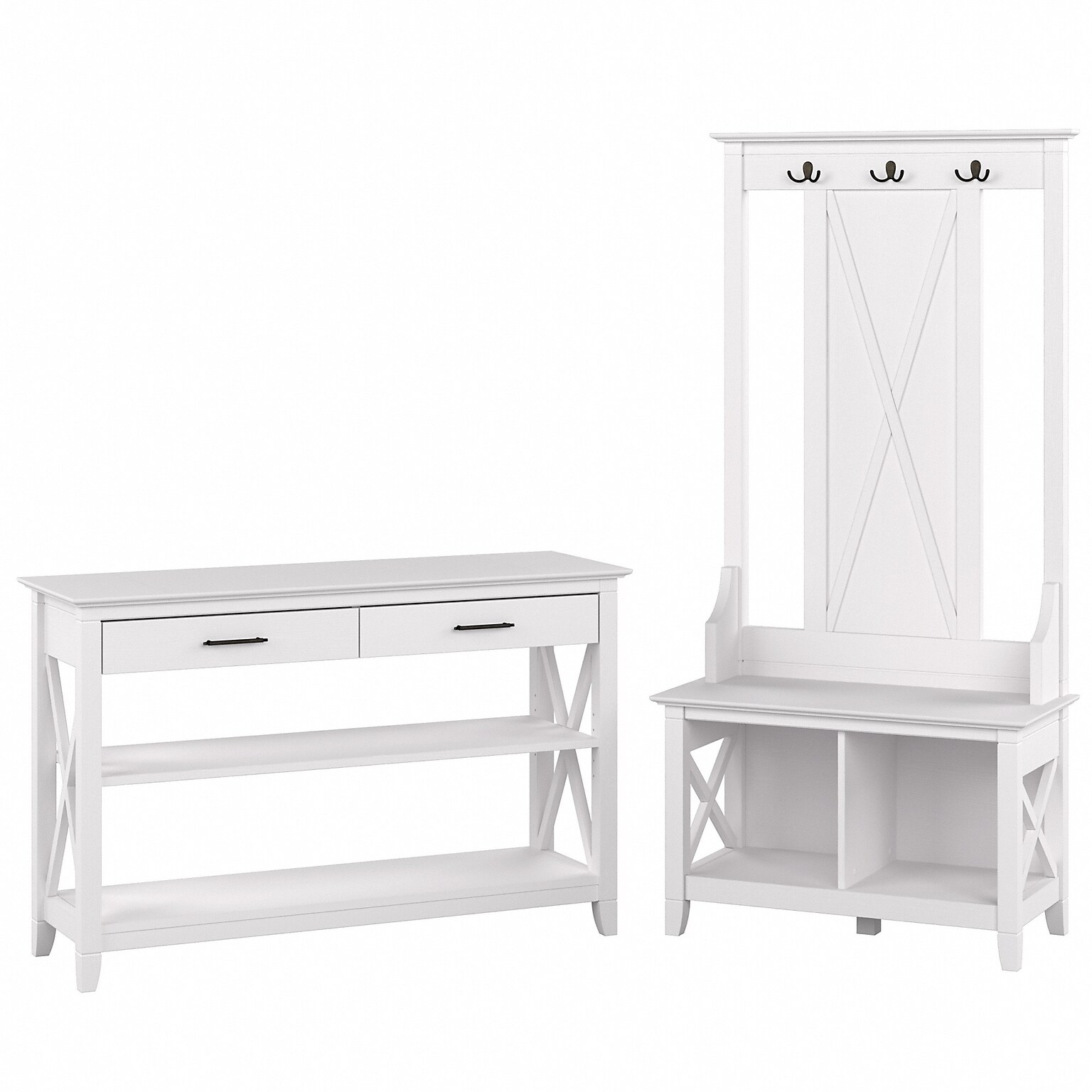 Bush Furniture Key West Entryway Storage Set with Hall Tree, Shoe Bench, and Console Table, Pure White Oak (KWS056WT)