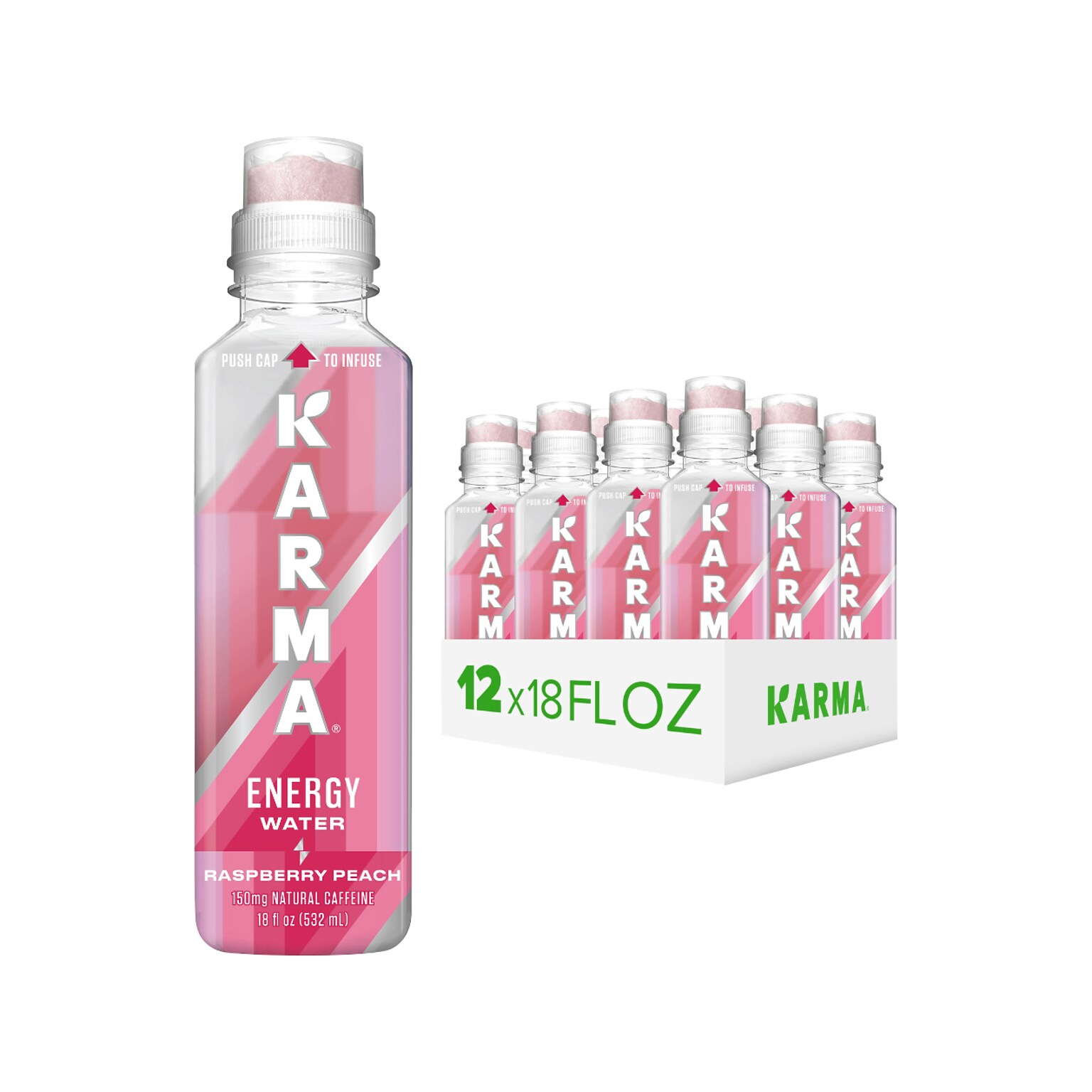 Karma Water Raspberry Peach Flavored Energy Water, 18 oz., 12 Bottles/Carton (8826)