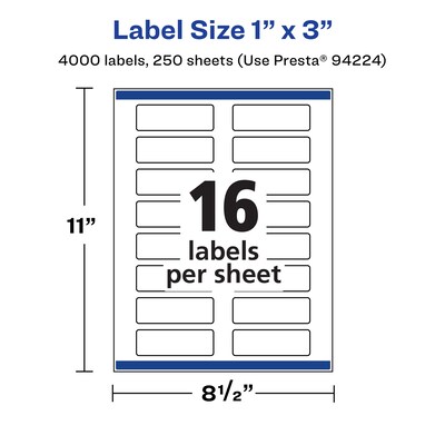 Avery Laser/Inkjet Rectangle Multipurpose Labels, 1" x 3", White, 4000 Labels/Box (94224)