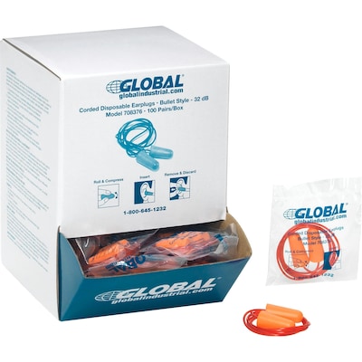 Global Industrial Bullet Earplugs, Tapered, Corded, NRR 32 dB, 100 Pairs/Box (708376)