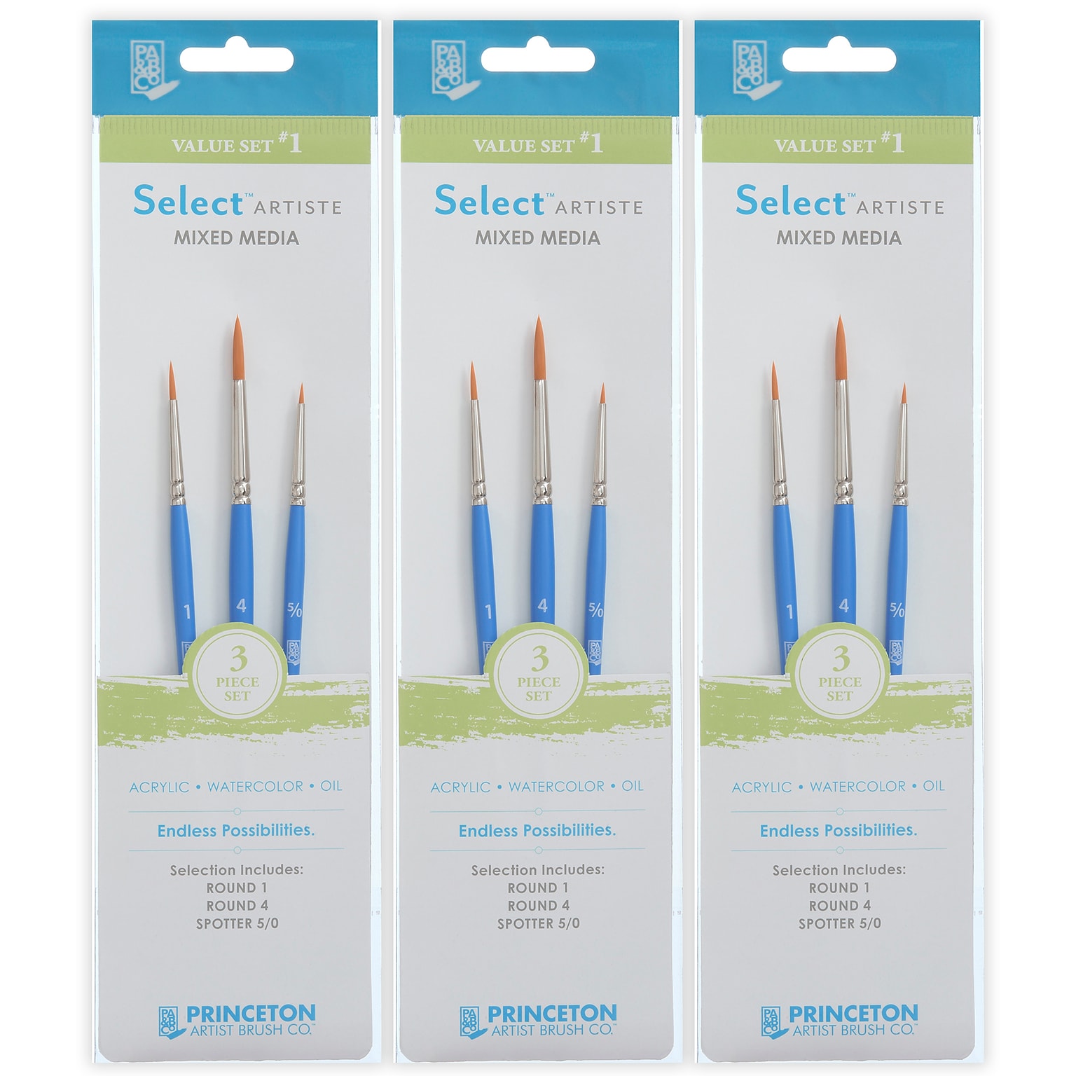 Princeton Select Artiste Mixed Media Synthetic Variety Brush Set No. 1, 3/Set, 3 Sets/Bundle (PBXP3750SET101-3)