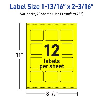 Avery Rectangle Laser/Inkjet Multipurpose Labels, 1-13/16" x 2-3/16", Neon Yellow (240/Pack)