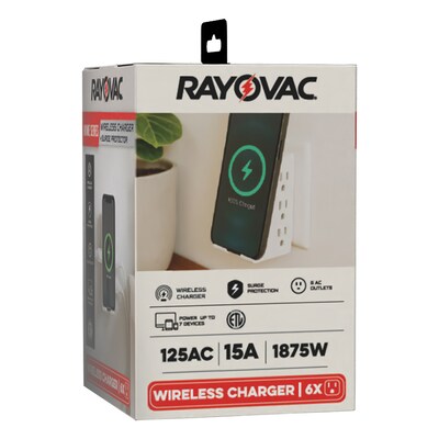 RAYOVAC 6-Outlet Surge Protector Wall Tap with Wireless Charging Phone Holder, 540 Joules, White (SS-Q615)