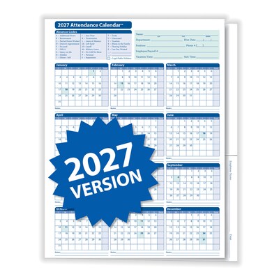 ComplyRight 2027 Attendance Calendar File Folder, 25 Forms/Pack (A3050)