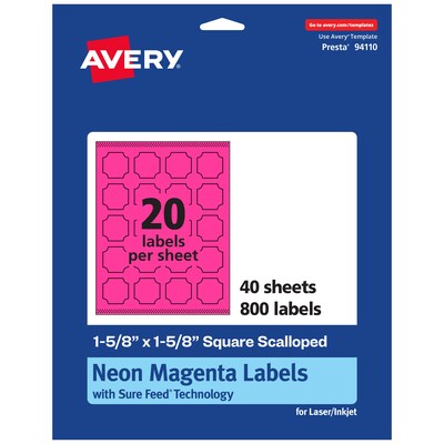 Avery Square Scalloped Laser/Inkjet Multipurpose Labels, 1-5/8 x 1-5/8, Neon Magenta (800/Box)