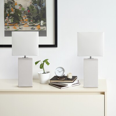 Lalia Home Lexington 21" 2-Pack Leather Base Modern Bedside Table Lamp Set, White Fabric Shade, White (LHT-3008-WH-2PK)