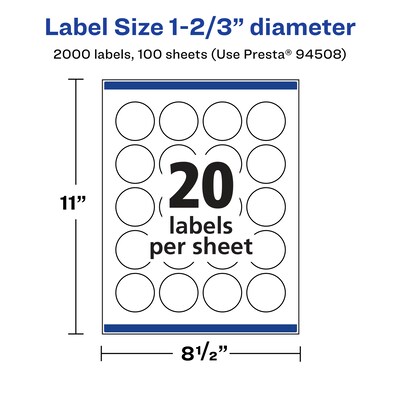 Avery Laser/Inkjet Multipurpose Circle Labels, 1.66" Dia, Glossy Clear, 2000/Box (94508)