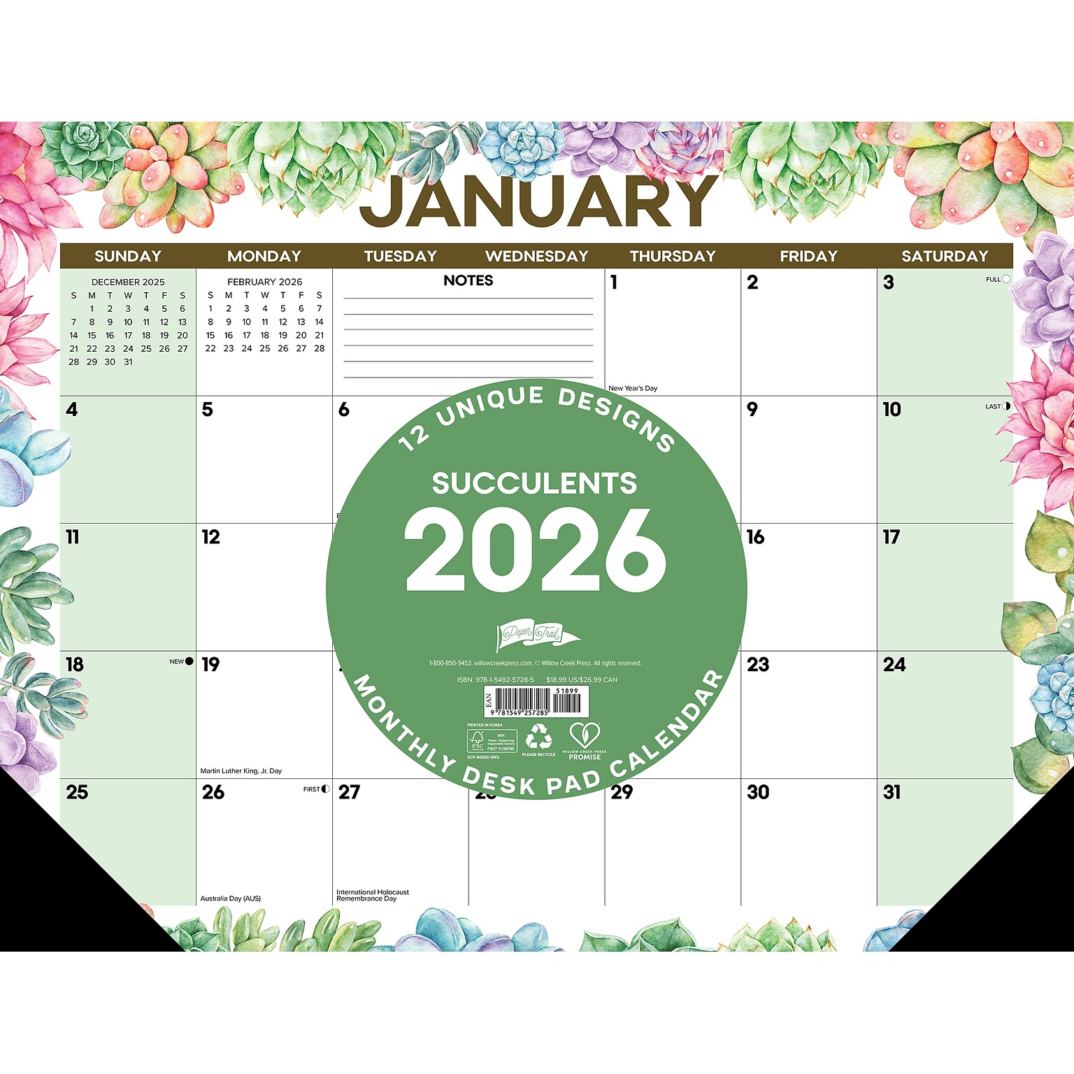 2026 Willow Creek Succulents 22 x 17 Monthly Desk Pad Calendar (57285)