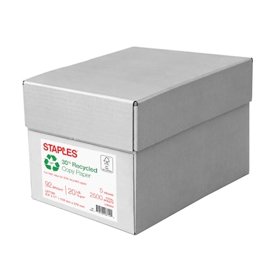Staples 30% 8.5 x 11-Inch Copy Paper, 20 lbs., 92 Brightness, 500 Sheets/Ream, 5-Ream/Carton