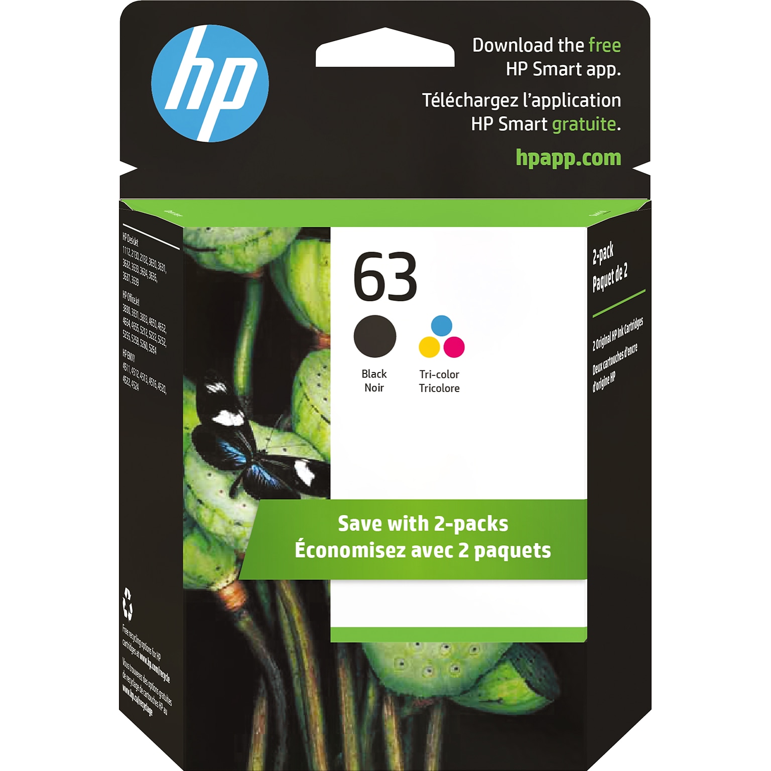HP 63 Black/Tri-Color Standard Yield Ink Cartridge, 2/Pack (L0R46AN#140)