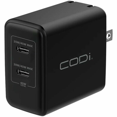 CODi PowerLine+ 45W Dual USB-C Universal Wall Charger, Black (WC045-2C)