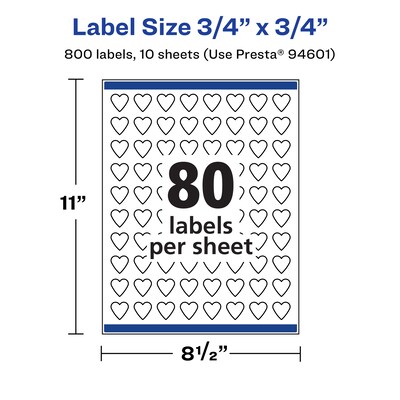Avery Waterproof Heart Shaped Laser/Inkjet Multipurpose Labels, 0.75" x 0.75", White, 800/Pack (94601)
