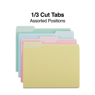 Staples® File Folders, 1/3-Cut Tab, Letter Size, Assorted Pastels, 100/Pack (ST459684-CC)