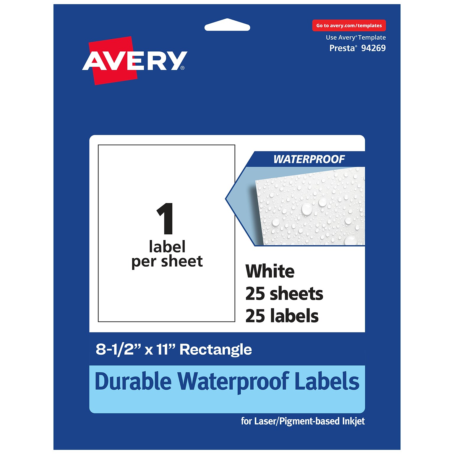 Avery Laser/Inkjet Waterproof Multipurpose Rectangle Labels, 8.5 x 11, White, 25 Labels/Pack (94269)