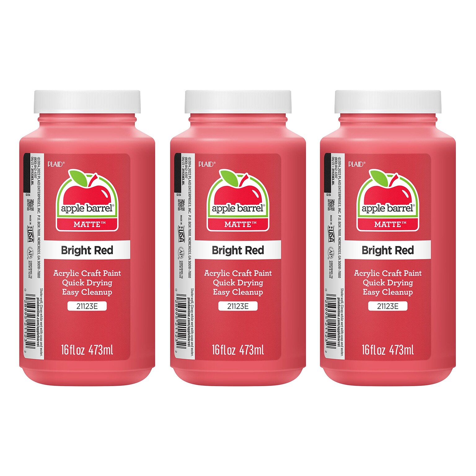 Apple Barrel Acrylic Paint Matte, 16oz., Bright Red, 3/Pack(APP21123E-3)