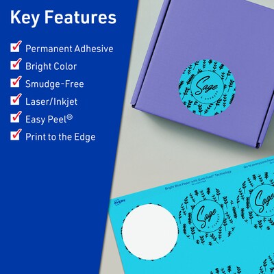Avery Printable Circle Multipurpose Labels, 2.75 Dia., Bright Blue, 240/Pack (94512)