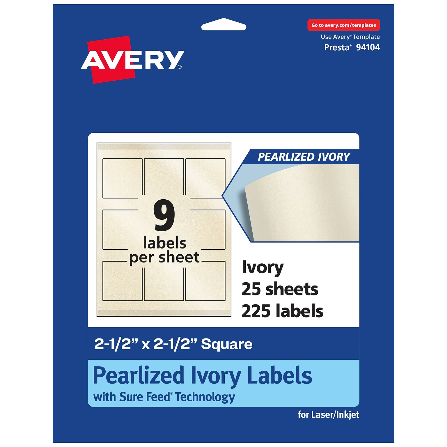 Avery Laser/Inkjet Square Pearlized Labels, 2.5 x 2.5, Ivory, 225 Labels/Pack (94104)
