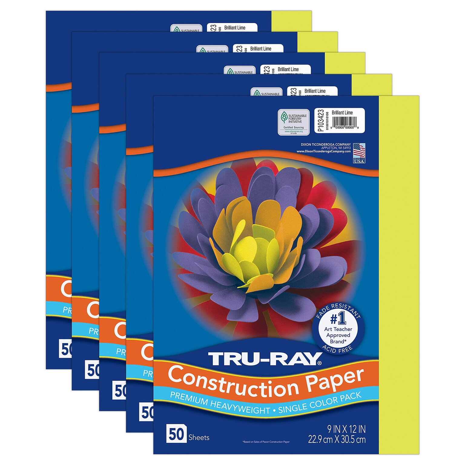 Tru-Ray 9 x 12 Construction Paper, Brilliant Lime, 50 Sheets/Pack, 5 Packs/Bundle (PAC103423-5)