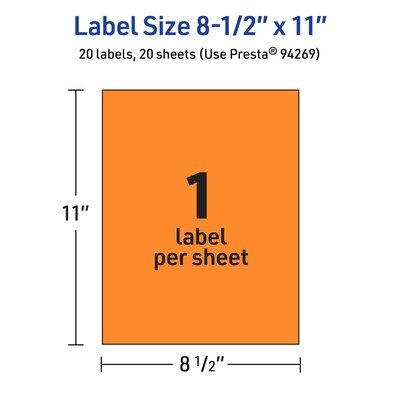 Avery Laser/Inkjet Multipurpose Rectangle Labels, 8.5" x 11", Bright Orange, 20/Pack (94269)