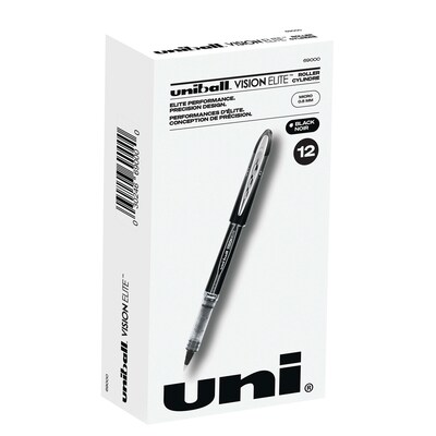 uniball Vision Elite Rollerball Pens, Micro Point, 0.5mm, Black Ink, 12/Pack (69000)