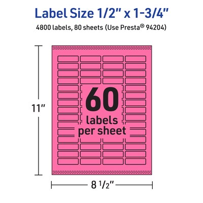 Avery Laser/Inkjet Rectangle Multipurpose Labels, 0.5" x 1.75", Bright Pink, 4800/Box (94204)