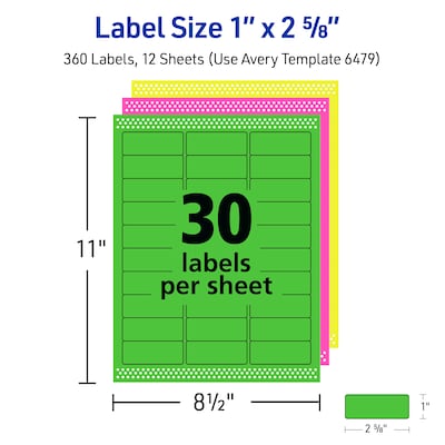 Avery Sure Feed Laser/Inkjet Removable ID Labels, 1" x 2-5/8", Assorted Neon, 360 Labels/Pack (6479)
