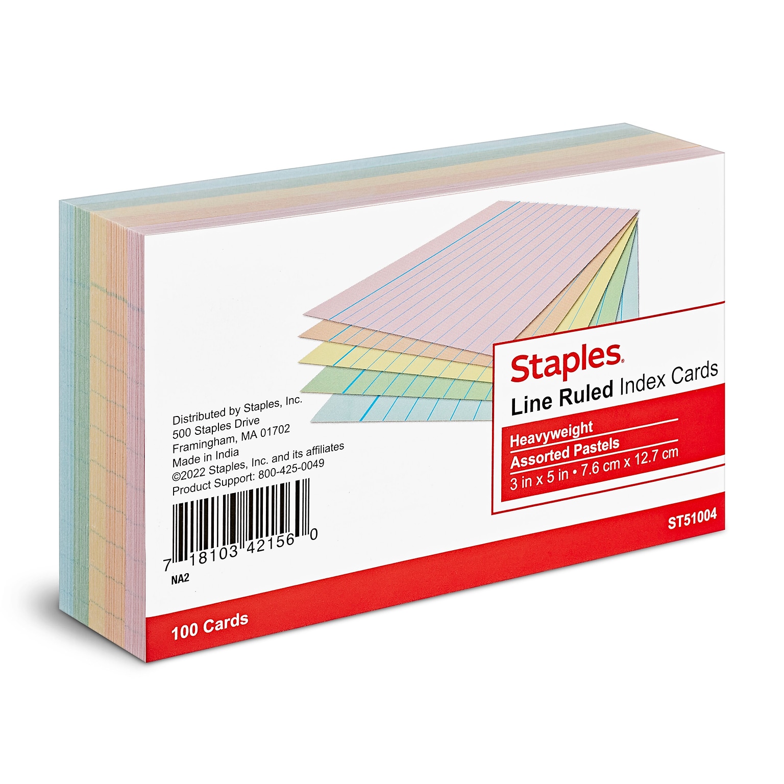 Staples 3 x 5 Index Cards, Lined, Assorted Colors, 100/Pack (TR51004)