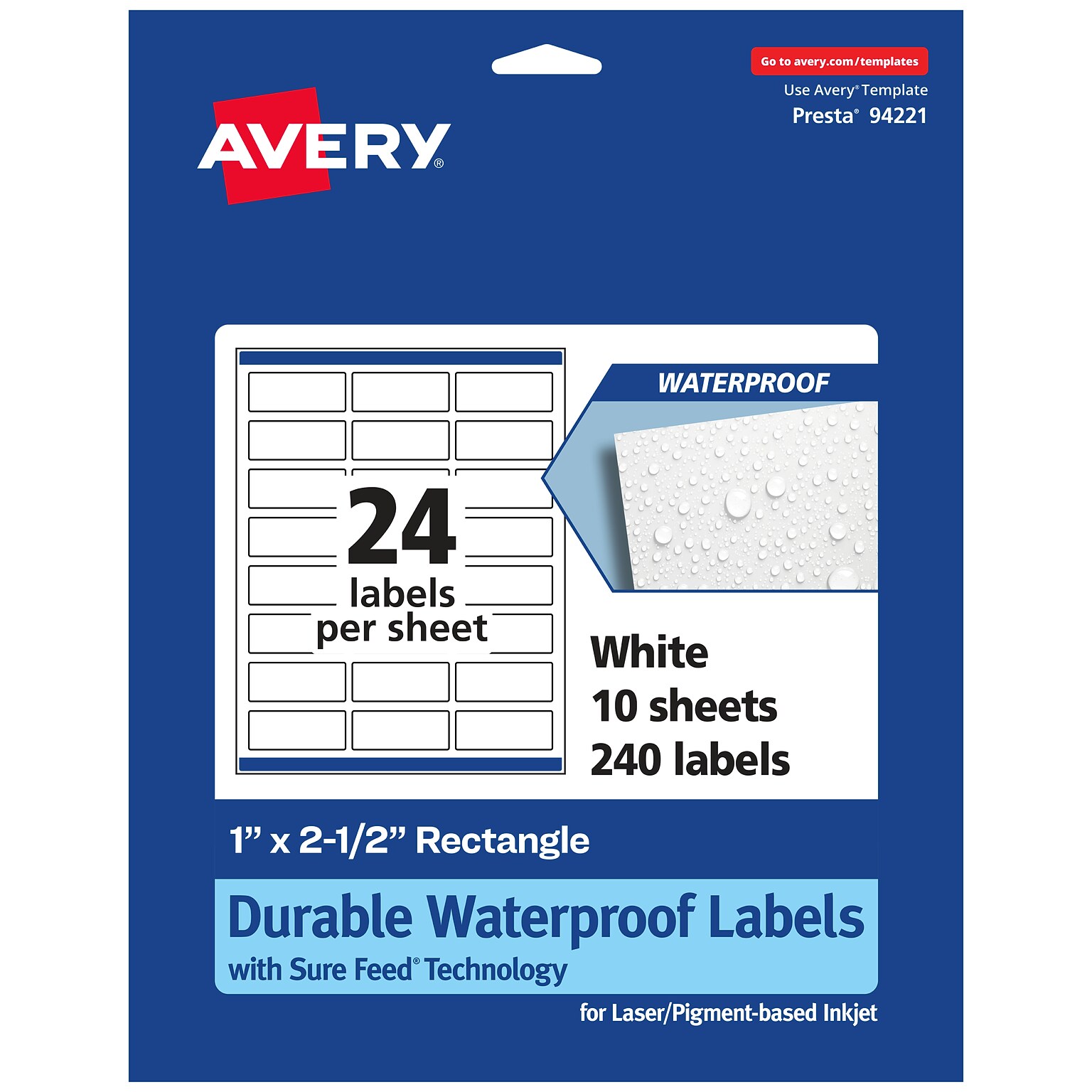 Avery Laser/Inkjet Rectangle Waterproof Multipurpose Labels, 2.5  x 1, White, 240/Pack (94221)