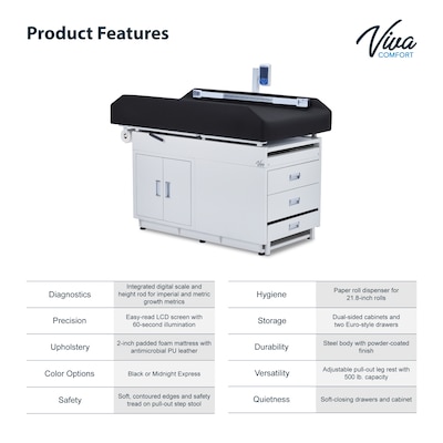 Viva Comfort Grande PU Leather Pediatric Exam Treatment Digital Scale Table, 500 lb. Capacity, Black (996-09-PSBBLKMK)