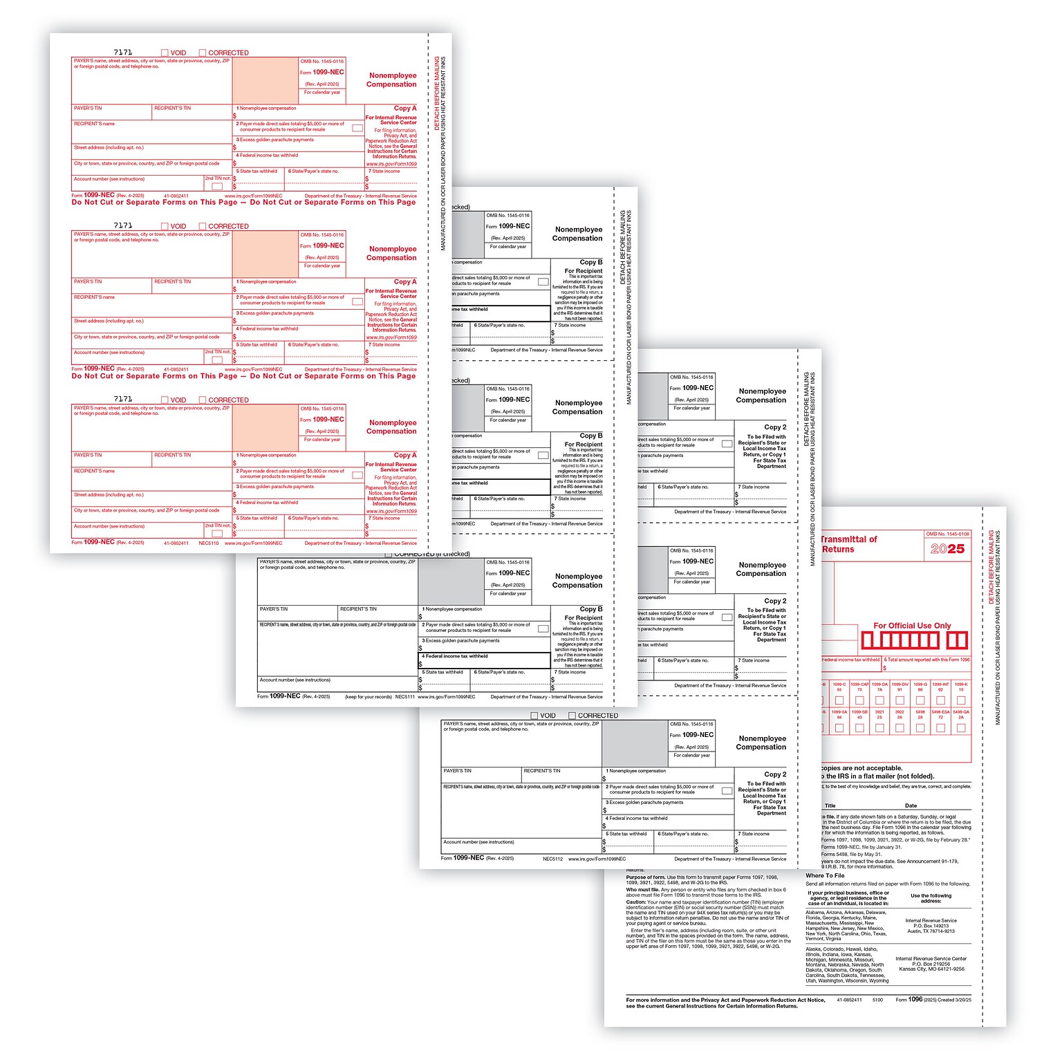 ComplyRight 2025 1099-NEC Tax Form, 4-Part, 3-Up, Copy A, B, C/2, 1096 Transmittal, 100/Pack (NEC6103100)