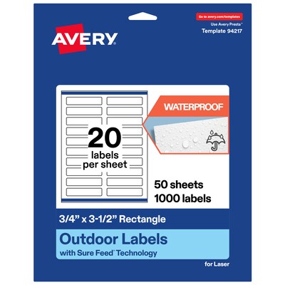 Avery Waterproof Rectangle Laser Multipurpose Labels, 0.75 x 3.5, White, 1000/Box (19479399238)