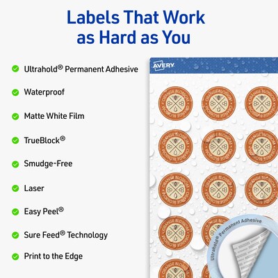 Avery Round Laser Multipurpose Labels, 1.25 Dia., White, 3000/Box (19479399423)